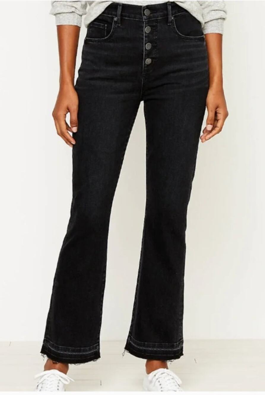 LOFT High Waist Flare Crop Raw Hem Button Fly Jeans Black 12